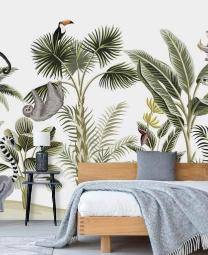 jungle illustration with cheetah, birds and sloth wallpaper