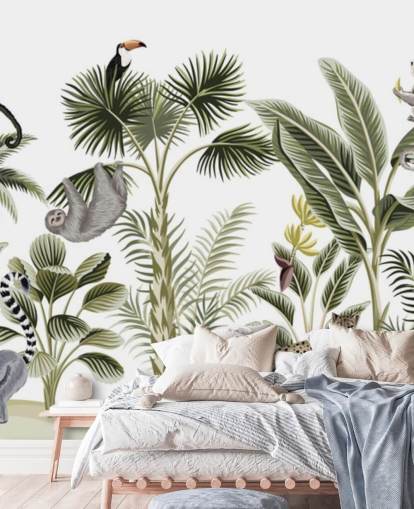 jungle illustration with cheetah, birds and sloth wallpaper