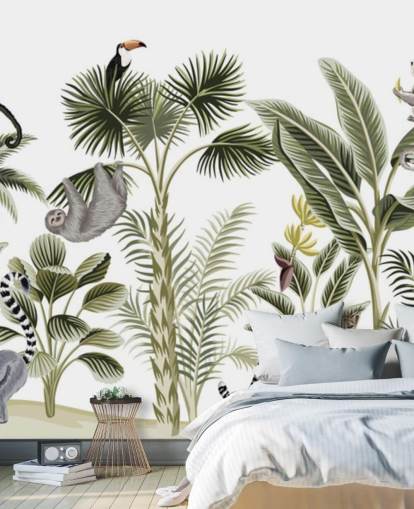 jungle illustration med gepard, fugle og dovendyr tapet