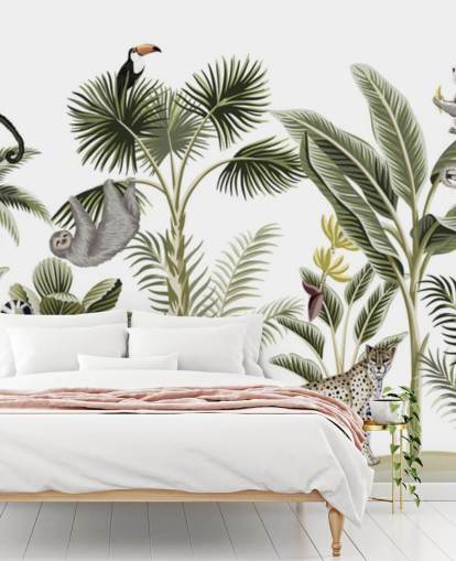 jungle illustration with cheetah, birds and sloth wallpaper