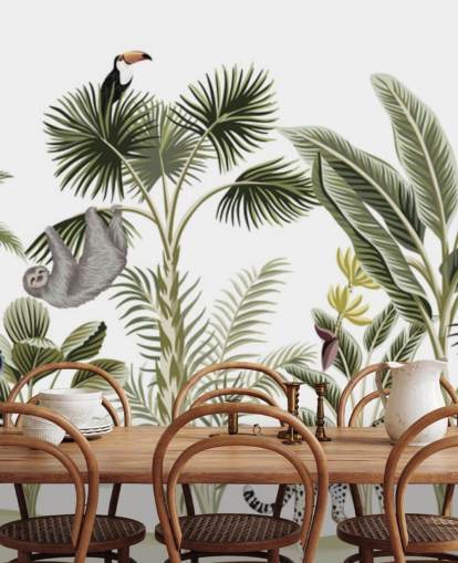 jungle illustration with cheetah, birds and sloth wallpaper