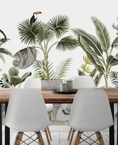 jungle illustration med gepard, fugle og dovendyr tapet