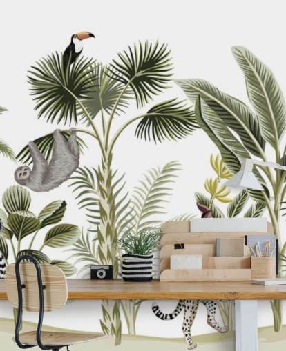 jungle illustration med gepard, fugle og dovendyr tapet