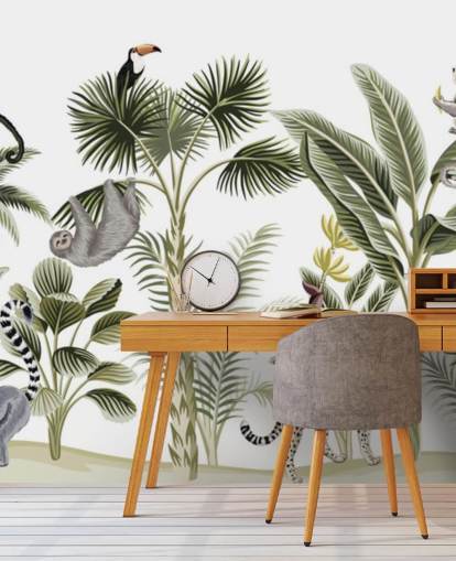 Dschungel-Abbildung mit Gepard, Vögel und Faultier-Tapete