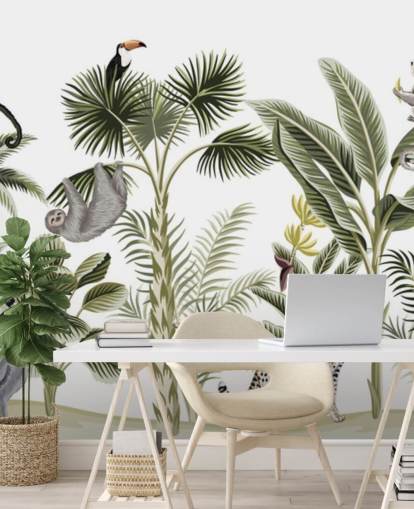 jungle illustration med gepard, fugle og dovendyr tapet