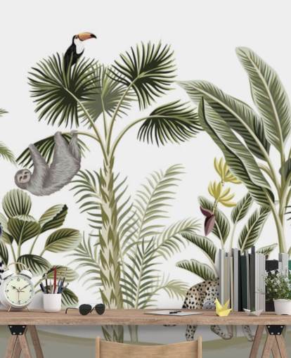 ilustração da selva com papel de parede de chita, pássaros e preguiça