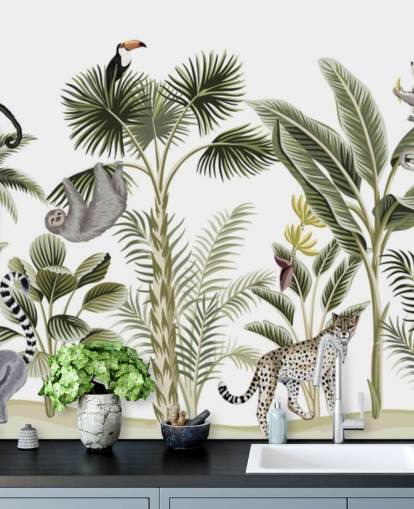 jungle illustration med gepard, fugle og dovendyr tapet jungle illustration med gepard, fugle og dovendyr tapet