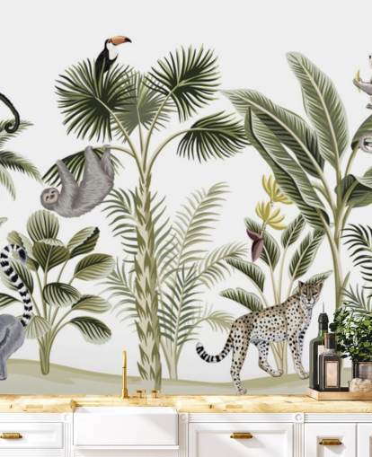 jungle illustration with cheetah, birds and sloth wallpaper