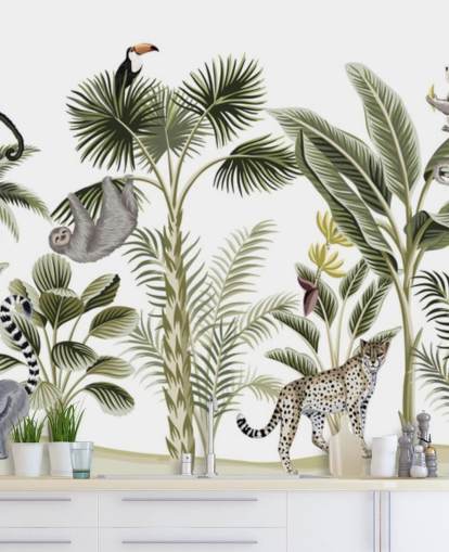 jungle illustration med gepard, fugle og dovendyr tapet