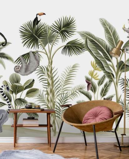 jungle illustration med gepard, fugle og dovendyr tapet