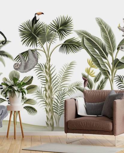 ilustração da selva com papel de parede de chita, pássaros e preguiça ilustração da selva com papel de parede de chita, pássaros e preguiça