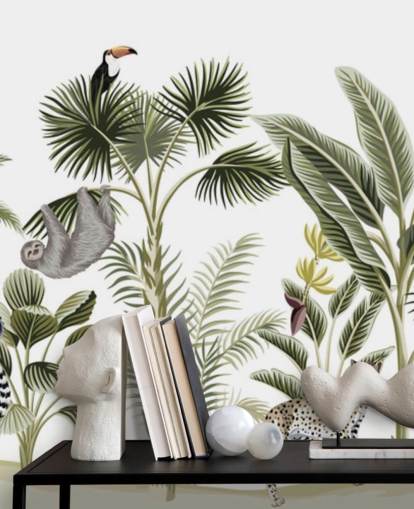 ilustración de la selva con papel tapiz de guepardo, pájaros y perezosos