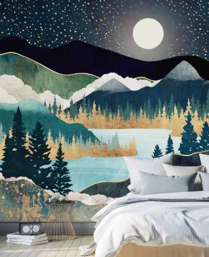 navy and gold abstract mountain wallpaper mural called Star Lake by SpaceFrog Designs for bedrooms
