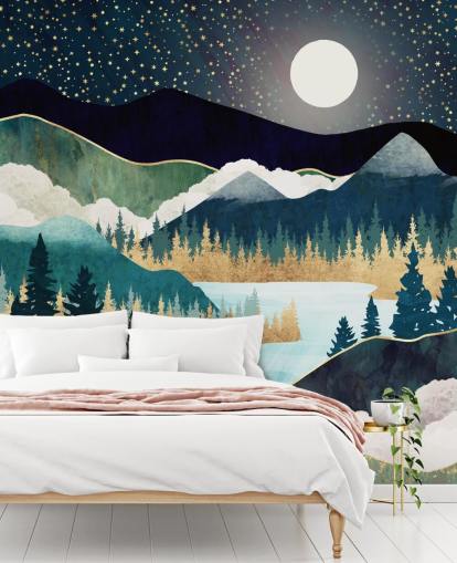 marineblå og gull abstrakt fjelltapet veggmaleri kalt Star Lake av SpaceFrog Designs for soverom marineblå og gull abstrakt fjelltapet veggmaleri kalt Star Lake av SpaceFrog Designs for soverom