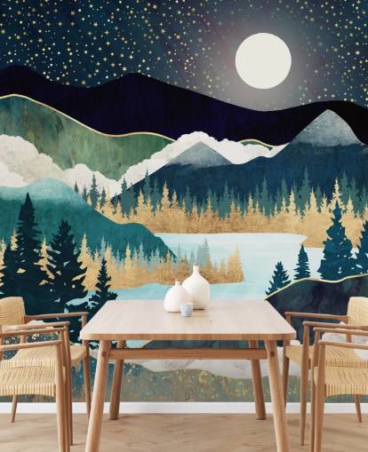 marin och guld abstrakt bergstapetväggmålning som heter Star Lake av SpaceFrog Designs för sovrum