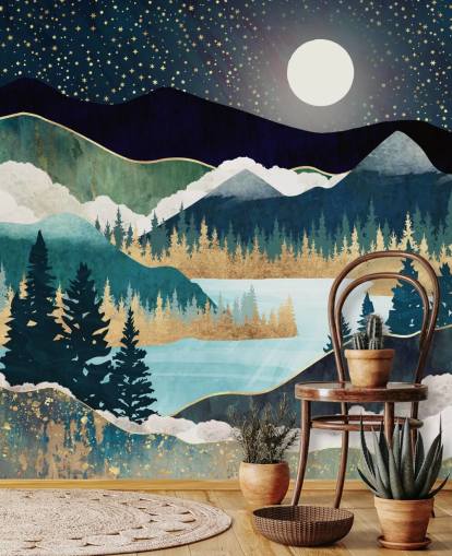 marin och guld abstrakt bergstapetväggmålning som heter Star Lake av SpaceFrog Designs för sovrum marin och guld abstrakt bergstapetväggmålning som heter Star Lake av SpaceFrog Designs för sovrum