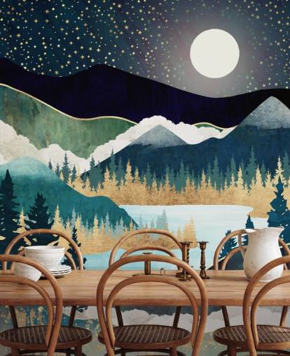 Abstrakte Bergtapete in Marineblau und Gold namens Star Lake von SpaceFrog Designs für Schlafzimmer