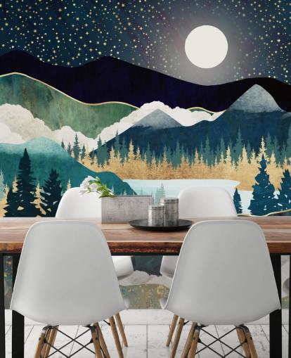 Abstrakte Bergtapete in Marineblau und Gold namens Star Lake von SpaceFrog Designs für Schlafzimmer