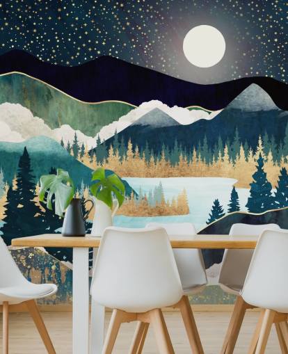 marineblauwe en gouden abstracte bergbehangmuurschildering genaamd Star Lake van SpaceFrog Designs voor slaapkamers marineblauwe en gouden abstracte bergbehangmuurschildering genaamd Star Lake van SpaceFrog Designs voor slaapkamers