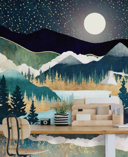 carta da parati murale astratta con montagne blu e oro chiamata Star Lake di SpaceFrog Designs per camere da letto