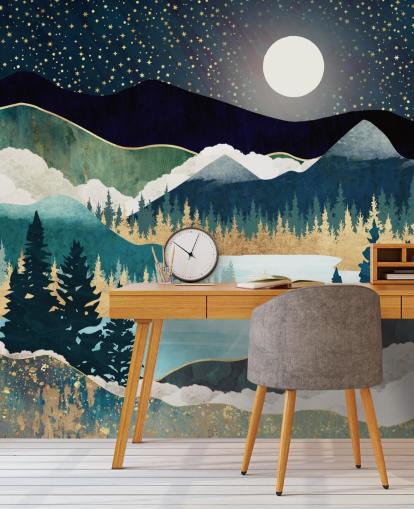navy and gold abstract mountain wallpaper mural called Star Lake by SpaceFrog Designs for bedrooms navy and gold abstract mountain wallpaper mural called Star Lake by SpaceFrog Designs for bedrooms