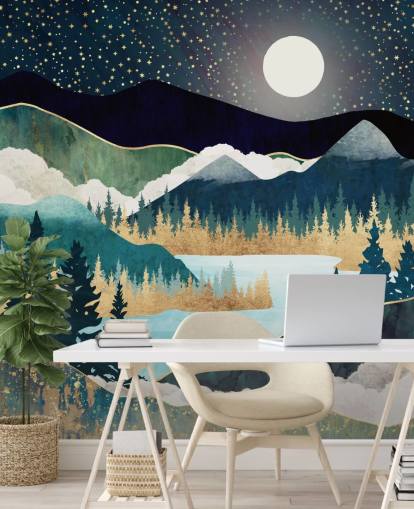 mural abstrato de papel de parede de montanha azul marinho e dourado chamado Star Lake da SpaceFrog Designs para quartos