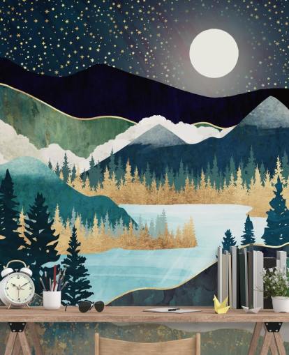 navy and gold abstract mountain wallpaper mural called Star Lake by SpaceFrog Designs for bedrooms