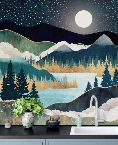 marineblå og guld abstrakt bjergtapet vægmaleri kaldet Star Lake af SpaceFrog Designs til soveværelser