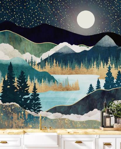 papier peint mural abstrait de montagne bleu marine et or appelé Star Lake par SpaceFrog Designs pour chambres
