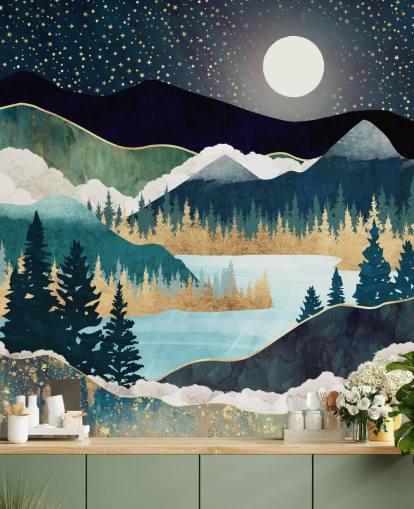 navy and gold abstract mountain wallpaper mural called Star Lake by SpaceFrog Designs for bedrooms
