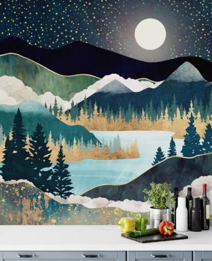 navy and gold abstract mountain wallpaper mural called Star Lake by SpaceFrog Designs for bedrooms