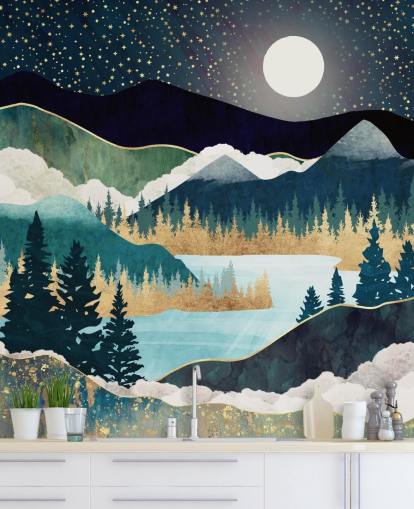 navy and gold abstract mountain wallpaper mural called Star Lake by SpaceFrog Designs for bedrooms