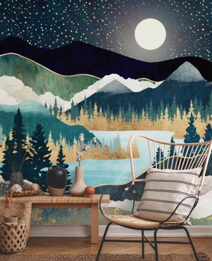 navy and gold abstract mountain wallpaper mural called Star Lake by SpaceFrog Designs for bedrooms