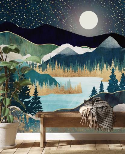 marineblå og gull abstrakt fjelltapet veggmaleri kalt Star Lake av SpaceFrog Designs for soverom