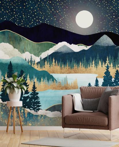 Abstrakte Bergtapete in Marineblau und Gold namens Star Lake von SpaceFrog Designs für Schlafzimmer Abstrakte Bergtapete in Marineblau und Gold namens Star Lake von SpaceFrog Designs für Schlafzimmer