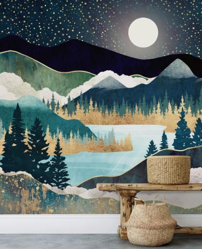 navy and gold abstract mountain wallpaper mural called Star Lake by SpaceFrog Designs for bedrooms