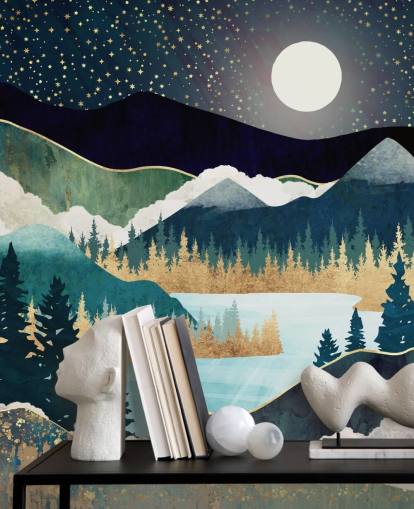 marin och guld abstrakt bergstapetväggmålning som heter Star Lake av SpaceFrog Designs för sovrum