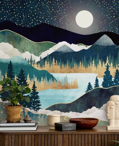 marineblå og gull abstrakt fjelltapet veggmaleri kalt Star Lake av SpaceFrog Designs for soverom marineblå og gull abstrakt fjelltapet veggmaleri kalt Star Lake av SpaceFrog Designs for soverom