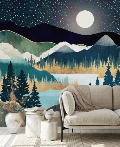 laivastonsininen ja kultainen abstrakti vuoristotapettiseinämaalaus nimeltä Star Lake by SpaceFrog Designs makuuhuoneisiin