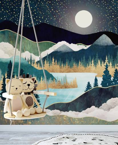 laivastonsininen ja kultainen abstrakti vuoristotapettiseinämaalaus nimeltä Star Lake by SpaceFrog Designs makuuhuoneisiin