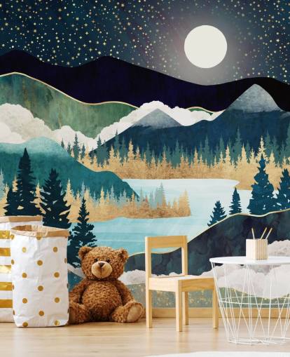 papier peint mural abstrait de montagne bleu marine et or appelé Star Lake par SpaceFrog Designs pour chambres papier peint mural abstrait de montagne bleu marine et or appelé Star Lake par SpaceFrog Designs pour chambres