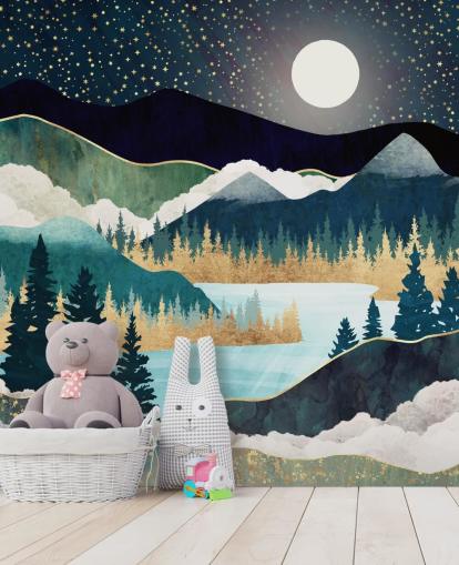 carta da parati murale astratta con montagne blu e oro chiamata Star Lake di SpaceFrog Designs per camere da letto