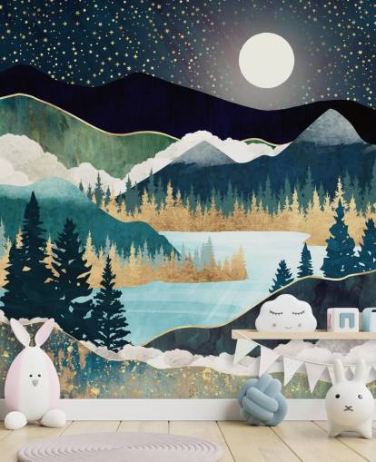 marineblå og gull abstrakt fjelltapet veggmaleri kalt Star Lake av SpaceFrog Designs for soverom marineblå og gull abstrakt fjelltapet veggmaleri kalt Star Lake av SpaceFrog Designs for soverom