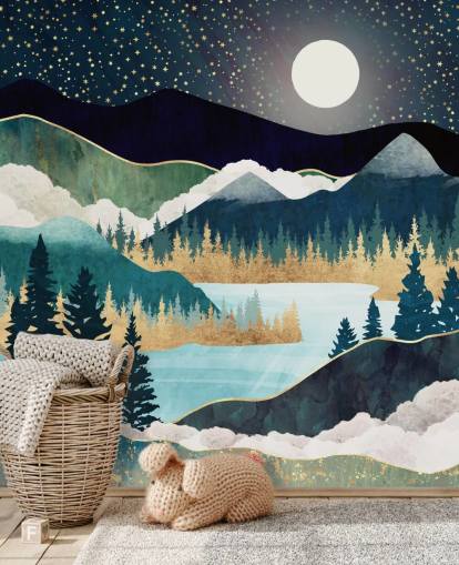 papier peint mural abstrait de montagne bleu marine et or appelé Star Lake par SpaceFrog Designs pour chambres