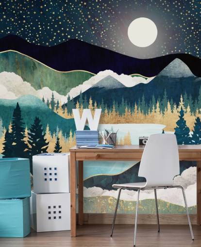 carta da parati murale astratta con montagne blu e oro chiamata Star Lake di SpaceFrog Designs per camere da letto