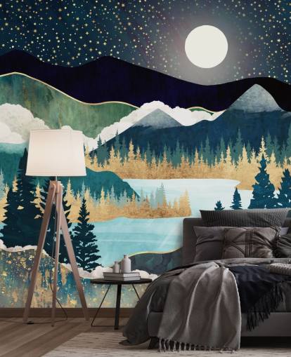 carta da parati murale astratta con montagne blu e oro chiamata Star Lake di SpaceFrog Designs per camere da letto