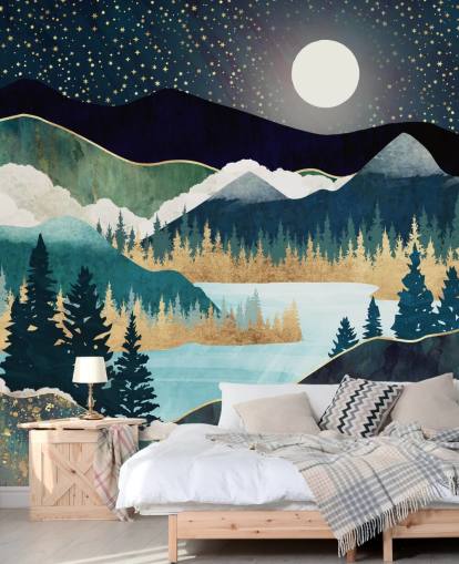 papier peint mural abstrait de montagne bleu marine et or appelé Star Lake par SpaceFrog Designs pour chambres