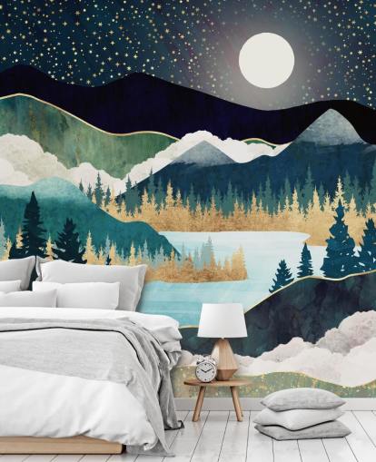 carta da parati murale astratta con montagne blu e oro chiamata Star Lake di SpaceFrog Designs per camere da letto