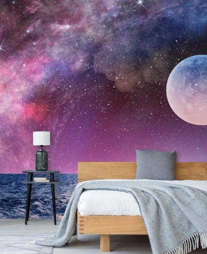 Carta da parati con cieli viola, luna e stelle