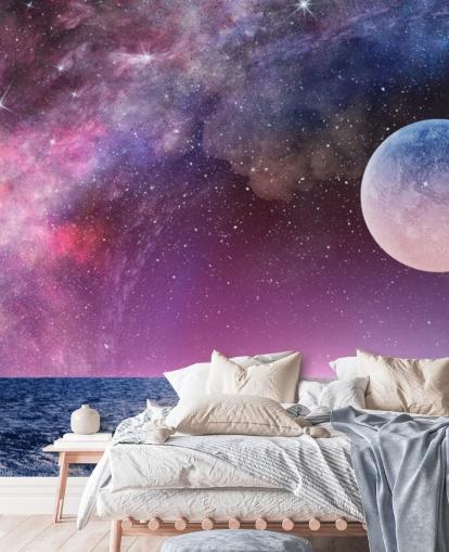 Carta da parati con cieli viola, luna e stelle Carta da parati con cieli viola, luna e stelle